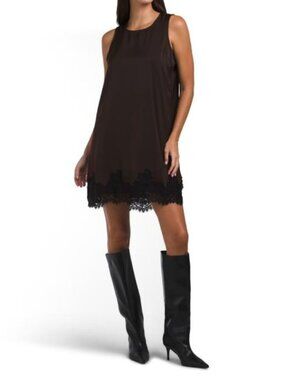 LEA Sleeveless Satin Mini Dress With Lace Trim